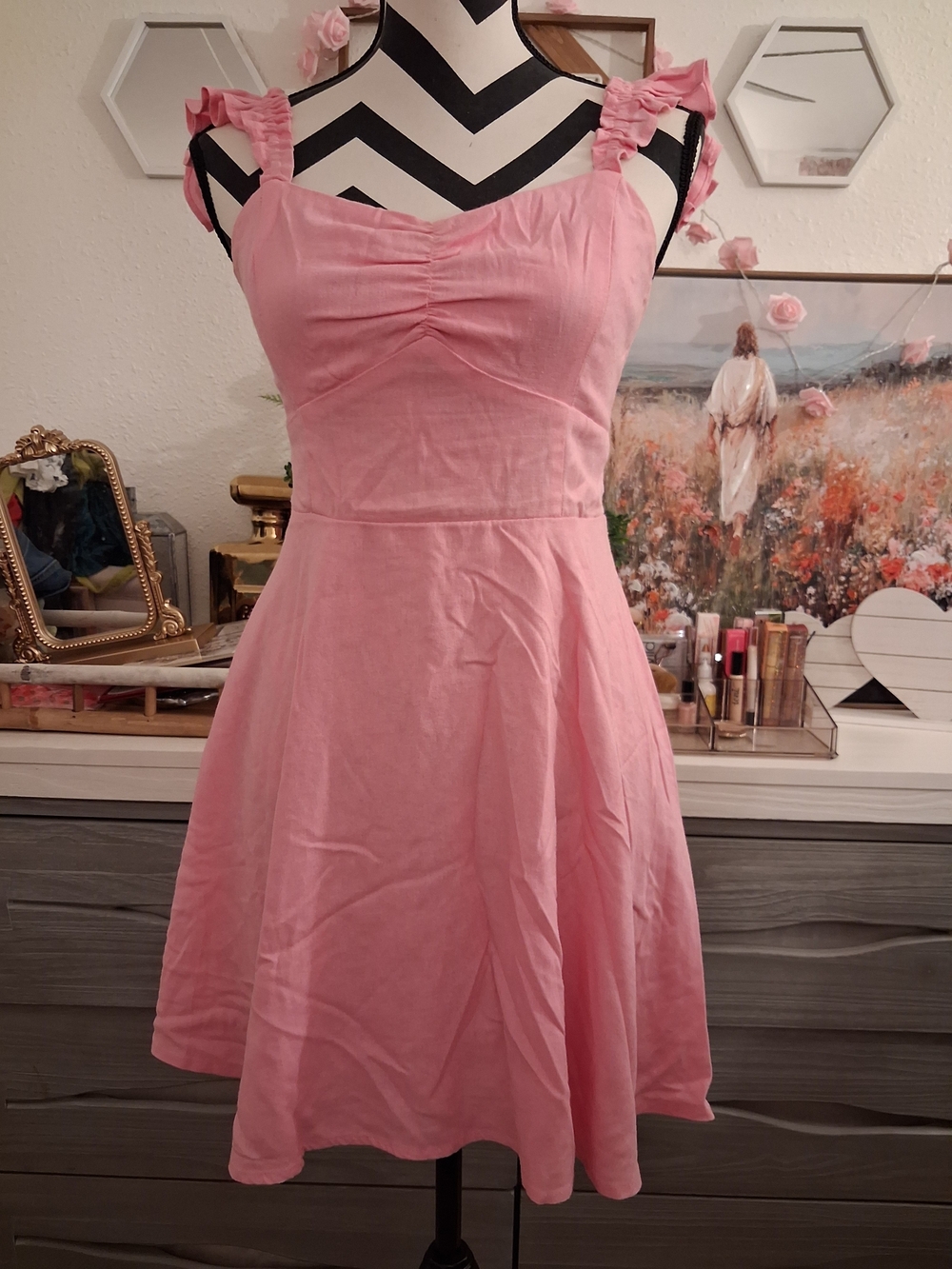 miami Pink Ruffled Strap Fit-and-Flare Mini Dress